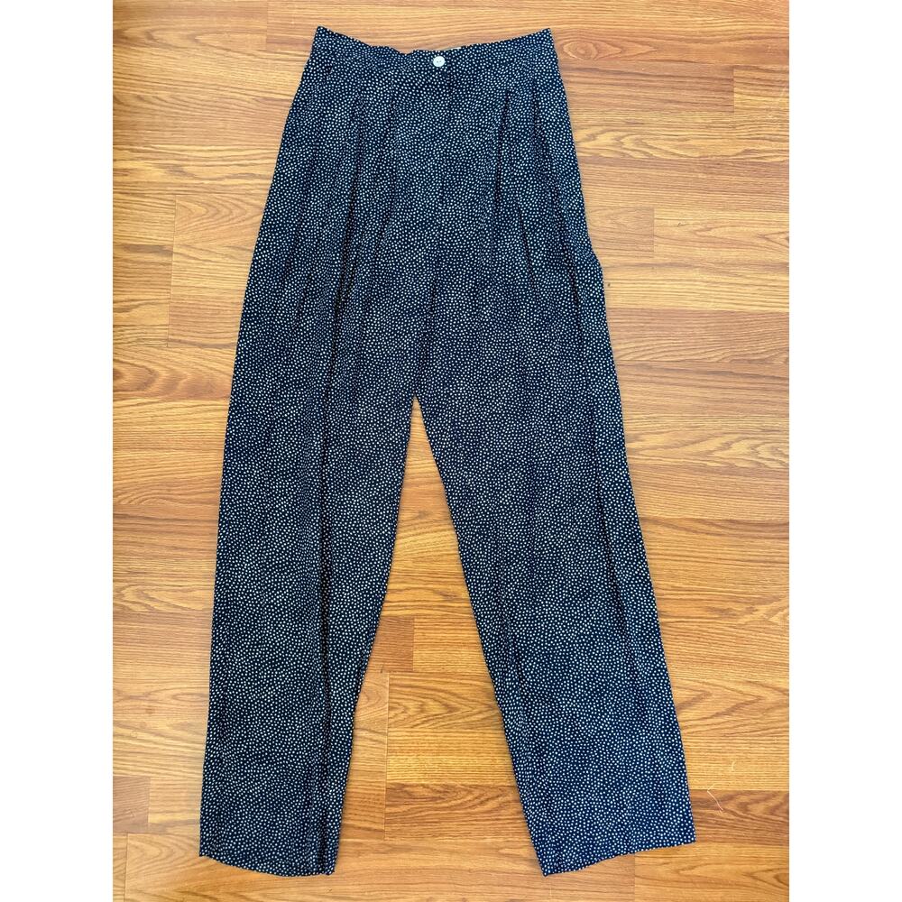 Vintage 90s Polka Dot High Waist Pleated Pants Navy Rayon Size 6
